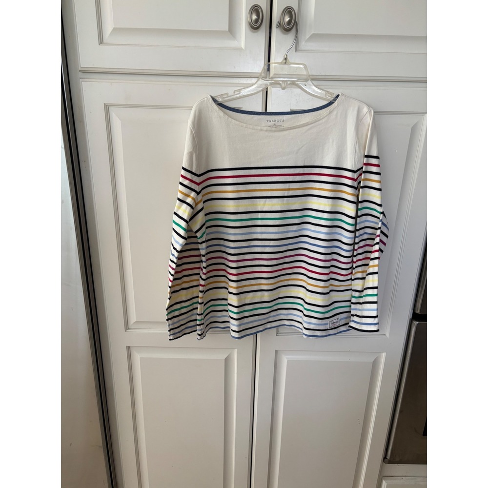 Talbots Authentic Women XL Multi Color Striped Boat‎ Neck Long Sleeve Cotton Top